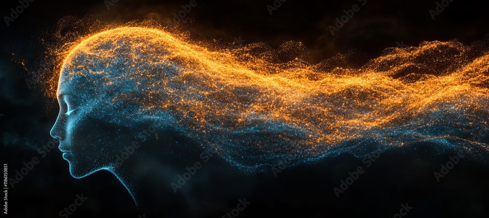 Poster abstract digital human face profile with flowing particles, representing artificial intelligence