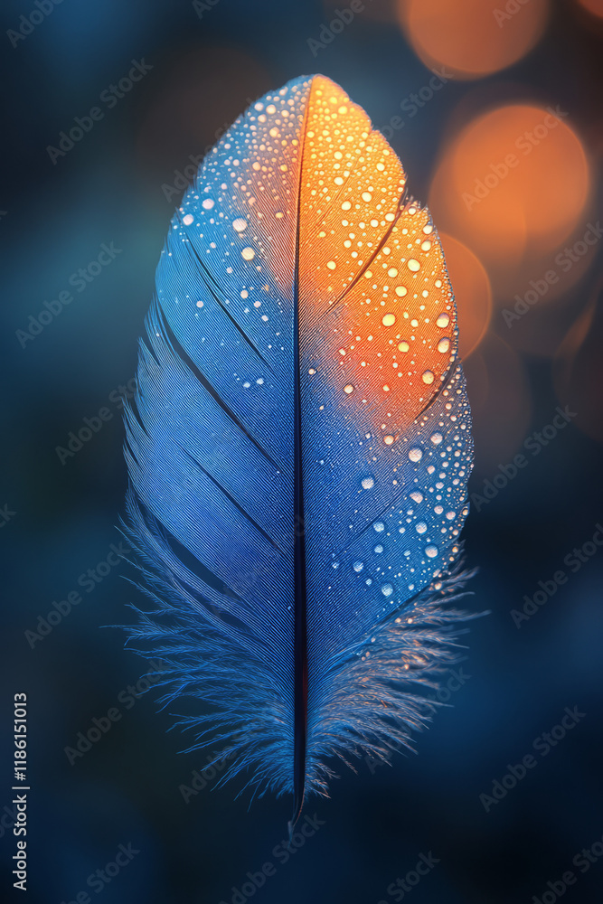 Poster high-detail macro capturing luminous aqua gradient along the featherâ€™s edge, isolated on a warm ne