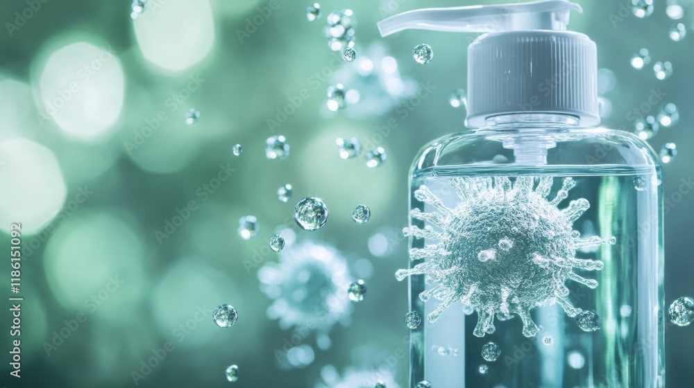 Poster droplets of sanitizer actively eliminating harmful bacteria in a clean environment. generative ai
