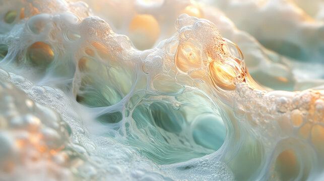 Detailed shot of an iridescent barble structure, sparkling with vivid greenish-blue reflections on a muted cream background,