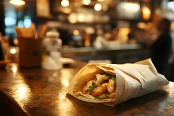 Wrapped fish taco on table at restaurant.