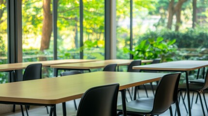 Fototapeta premium Empty school cafeteria tables during off-peak hours, a serene moment of reflection on the passage of time and the transient nature of youth.