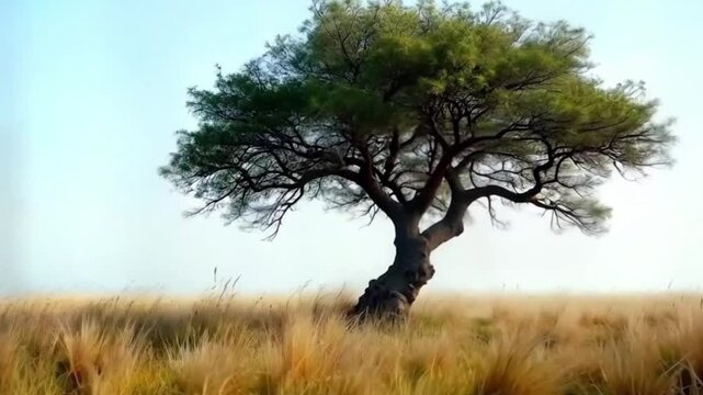 A lone tree in a windy field, its branches swaying and leaves rustling