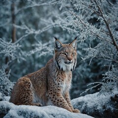 Naklejka premium A lynx resting on a rock in a snowy forest, surrounded by frost-covered branches.