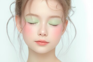 A young woman displays a gentle and fresh beauty look, featuring soft green eyeshadow and subtle blush. Her closed eyes and serene expression highlight the simplicity of her makeup.