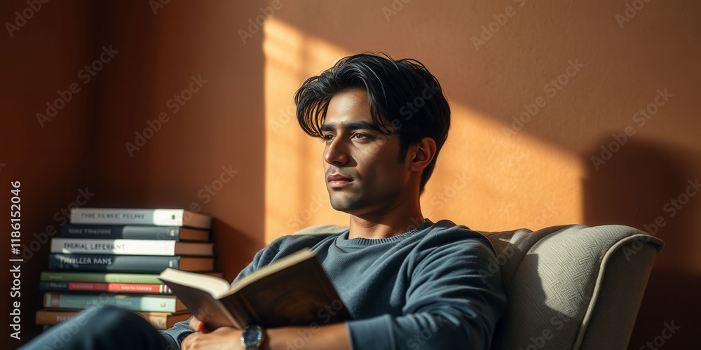 Poster a man is sitting in a chair with a book in his hand. he is looking at the book with a serious expres