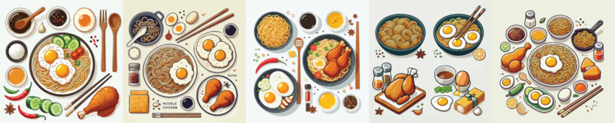 vector set of egg noodle and fried chicken dishes