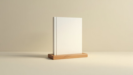 Closed Hardcover Book on Wooden Stand, Minimal Background