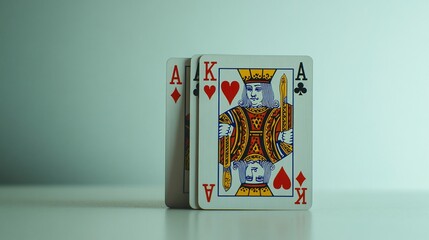 Two playing cards, Ace of Diamonds and King of Hearts, stand on a white surface against a light-blue background.