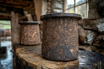 Naklejka premium Antique rustic containers on a wooden table in an old building, showcasing the beauty of aged craftsmanship.