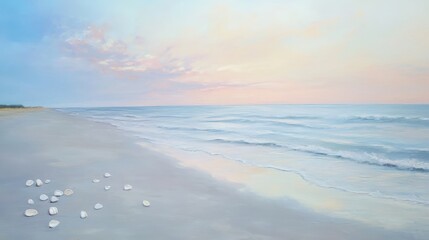Fototapeta premium Seashells on a Tranquil Beach at Dawn