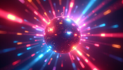 Retro Disco Ball with Radiating Neon Pink and Blue Light Beams. AI Generation