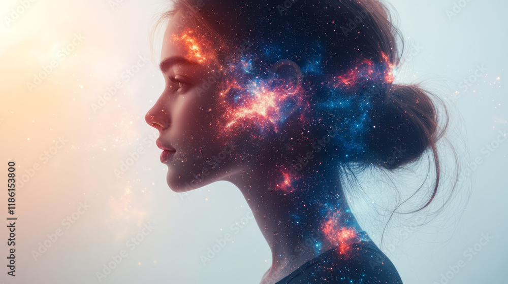 Poster stylized side profile with overlapping galaxy spirals in magenta and azure, intersected by minimal c
