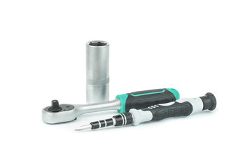 Ratchet and screwdriver on a white background