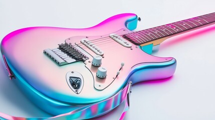 Iridescent electric guitar with strap on white background.
