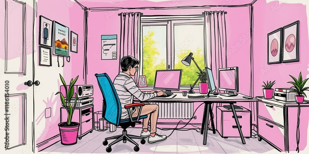 Aufkleber a man is sitting at a desk with a keyboard and a computer monitor. he is wearing headphones and he i
