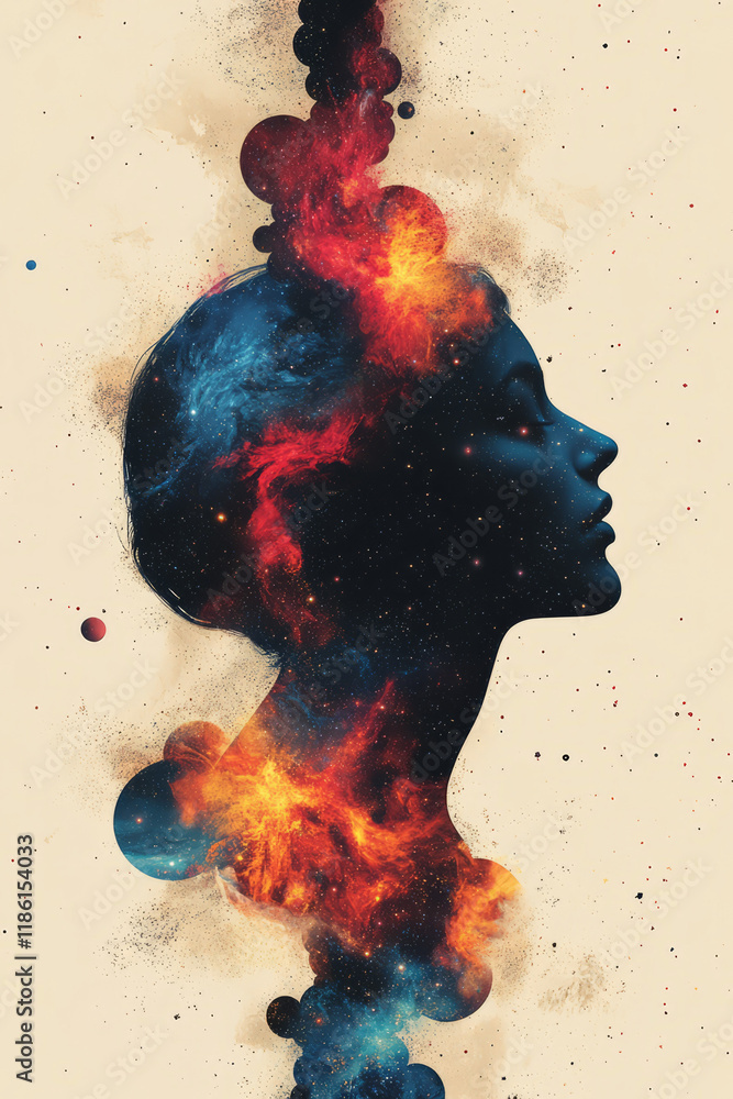 Poster overlapping cosmic bubbles inside a headâ€™s outline, brimming with star clusters and bold color tra