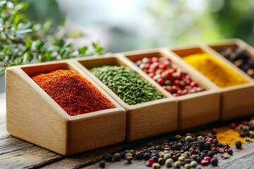 A vibrant array of colorful spices displayed in wooden boxes