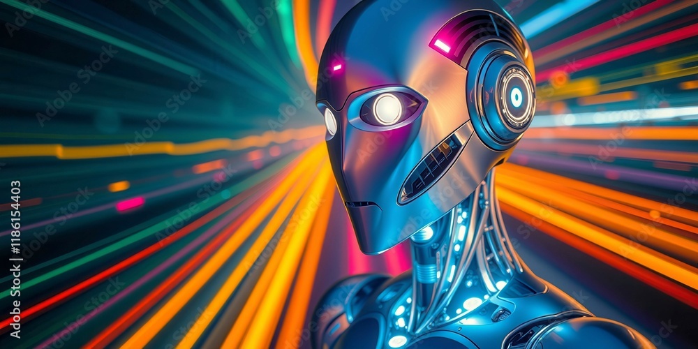 Poster a robot with a head and a pair of headphones is shown in a colorful background. the robot appears to