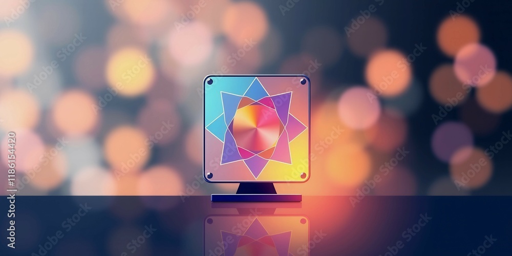 Poster a colorful square with a star in the middle is on a table. the table is surrounded by a blurry backg