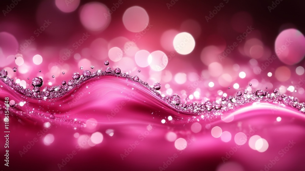 Poster abstract background pink liquid waves, bubbles, and bokeh effect design element template.