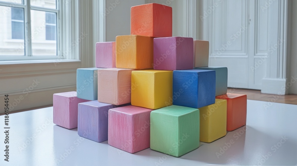 Poster colorful stacking blocks create a vibrant pyramid structure on a white surface