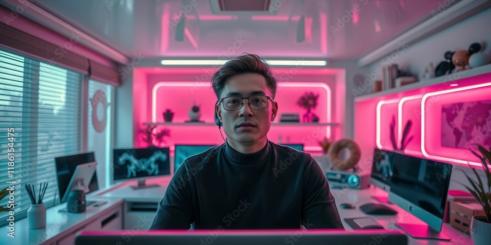 Aufkleber a man is sitting at a desk with a keyboard and a computer monitor. he is wearing headphones and he i