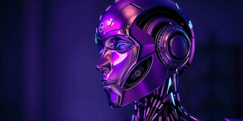 Fototapeta premium A woman with a metallic face and purple hair. The woman is wearing a pair of headphones. The image has a futuristic and metallic feel to it
