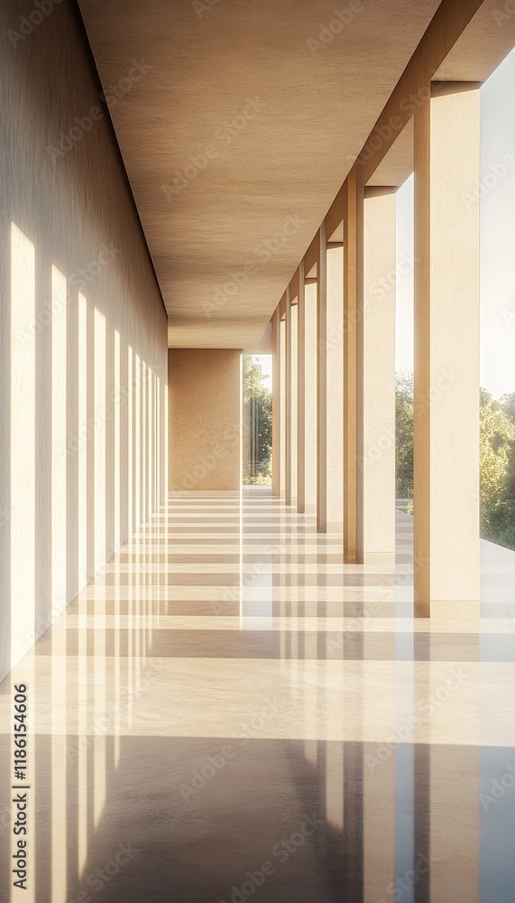 Poster modern minimalist architecture long corridor with sunlight and shadows, ideal for background image