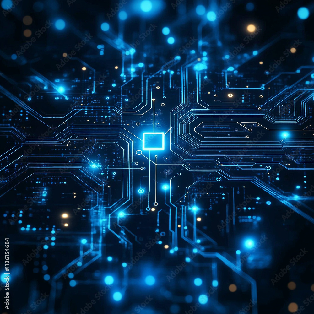 Poster digital circuit board illuminated by blue lights depicting advanced technology in use