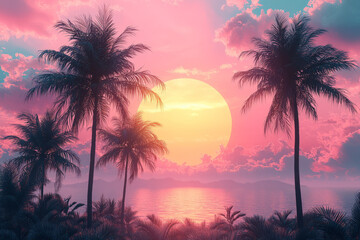 Obraz premium A serene gradient sun in soft peach to lavender, with minimal palm tree silhouettes in the foreground,