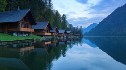 Naklejka premium Serene Lakeside Cabins at Dawn