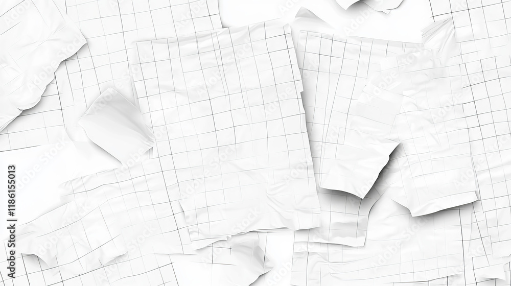 Poster torn notebook paper with wrinkles. crumpled white sheet with checkered pattern. realistic 3d vector 