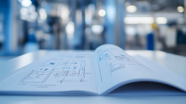 Open technical manual with diagrams on a table in a factory.