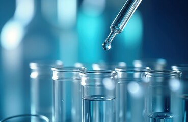 Closeup view of water testing in lab. Dropper adds liquid sample to test tube. Multiple test tubes with clear liquid visible. Scientific research, eco-friendly concepts evident. Photo highlights