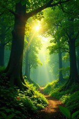 Naklejka premium Dense foliage with sunlight filtering through canopy, trees, leaves