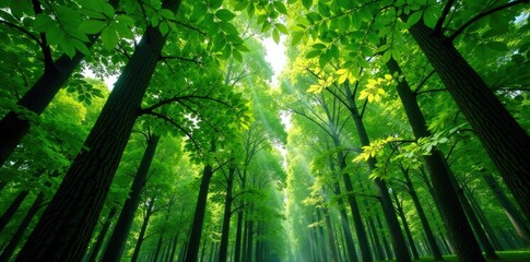Naklejka premium Dense forest canopy green trees swaying gently in breeze, canopy, growth