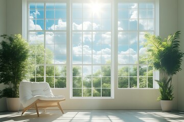 Sunny room with large window, armchair, and plants.