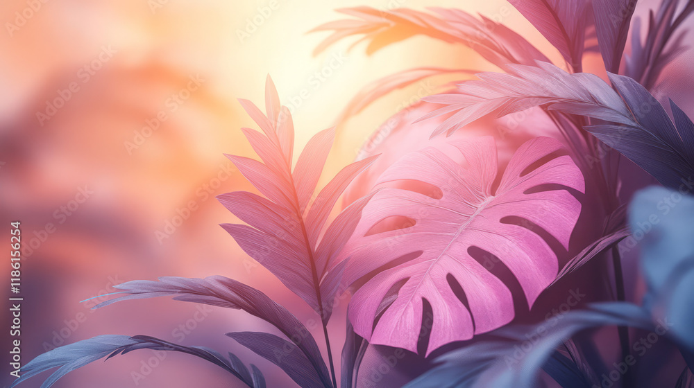 Aufkleber overlapping minimalist monstera shapes placed in front of a dreamy sphere fading from peach to dusty