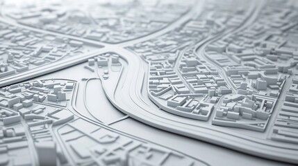 Abstract 3D model of a city with roads, buildings, and waterways.