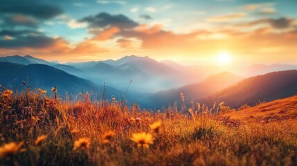 Obraz premium Mountain Meadow Sunset with Silhouetted Peaks and Sun Rays