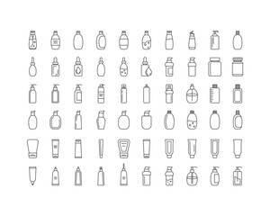 Extensive collection of minimalist cosmetic container line icons. Perfect for websites, apps, and packaging design.  Clean, modern style suitable for beauty, skincare, and health-related projects.