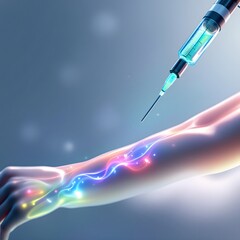 Syringe injecting glowing energy into an arm with bright colored paths