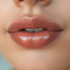 Close-Up of Young Woman's Beautiful Plump Lips with Nude Glossy Pink Lipstick. Generative AI.