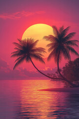 A fan palm silhouette arching across a warm gradient sun from sorbet orange to baby pink, forming a bold center composition,