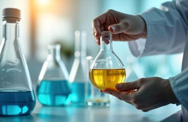 Person holding flask containing yellow liquid in lab environment. Researcher examines chemical solution in lab. Scientific procedure. Potential use as household cleaning product. Focus on lab