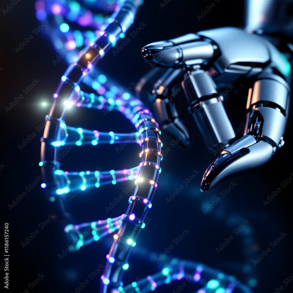 Poster robot hand interacting with luminous dna double helix science technology