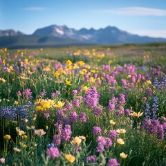 Obraz premium Colorful Wildflower Meadow with Snow-Capped Mountains Under a Partly Cloudy Sky