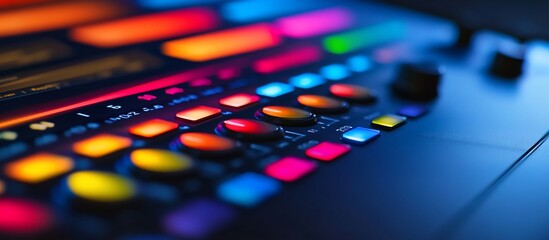 Colorful illuminated music production control panel close-up.