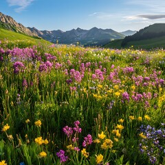 Fototapeta premium Colorful Wildflower Meadow with Snow-Capped Mountains Under a Partly Cloudy Sky